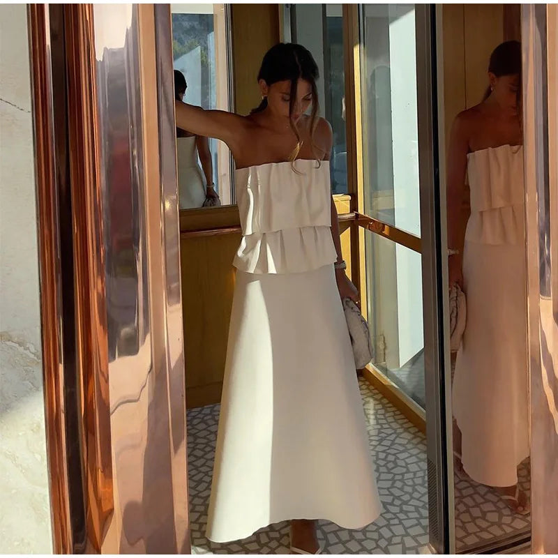 Elegant Pleated Sleeveless Long Dress Women White Slim Tube Party Dresses Female 2026 Spring New Fashion Street Maxi Robes
