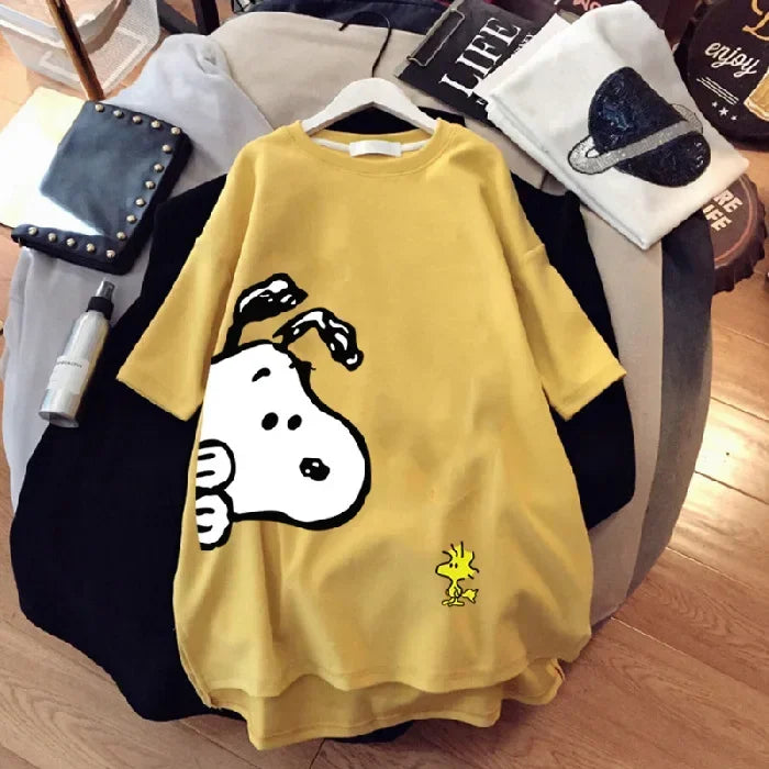 new Snoopy women's loose large version top summer short-sleeved t-shirt women's cotton mid-length cartoon women