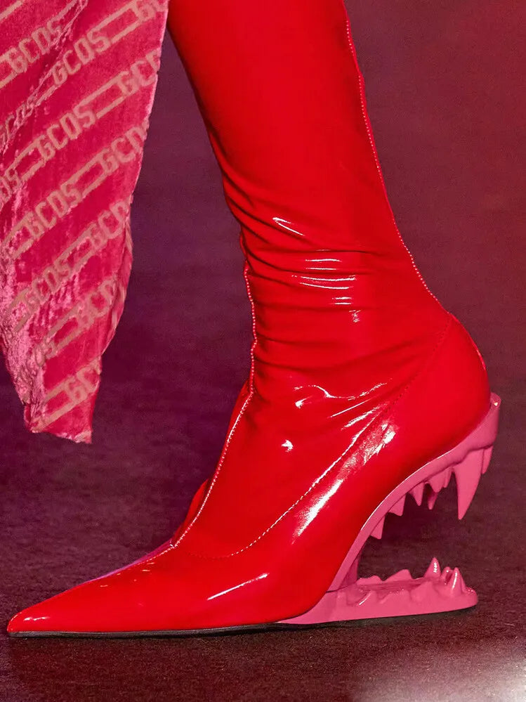 Women's Pointed Tiger Teeth Heel Knee High Elastic Boots Fashionable Over-the-Knee Super High Heel Banquet Show Shoes Autumn Winter