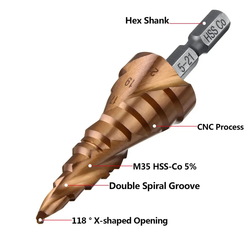 M35 5% Cobalt Step Drill Bit HSS-Co High Speed Steel Cone Hex Shank Metal Drill Bit Tool Set Hole Cutter For Stainless Steel