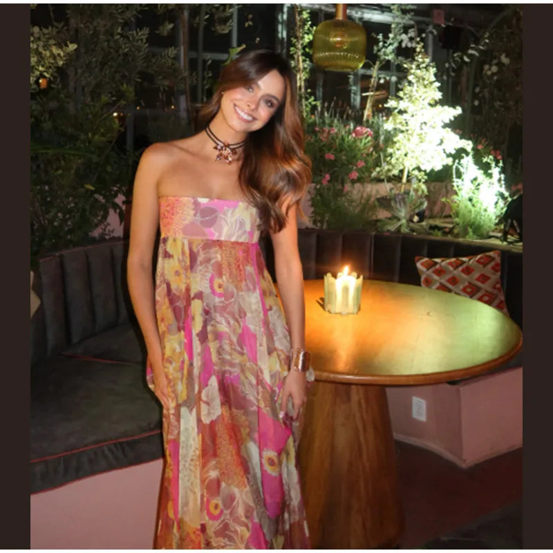 Chic Floral Print Pleated Long Dress Women's Sexy Strapless Backless Loose Party Vestidos 2025 Summer Lady High Street Robes New