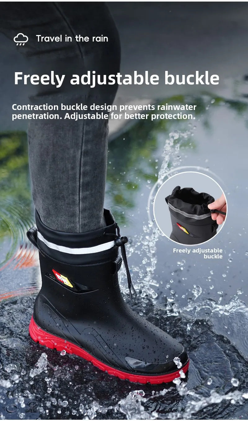 Men's Fleece Lined Tied Mouth Waterproof Outdoor Rain Boots Anti-slip Kitchen Work Rubber Shoes Warm Booties Plastic Material