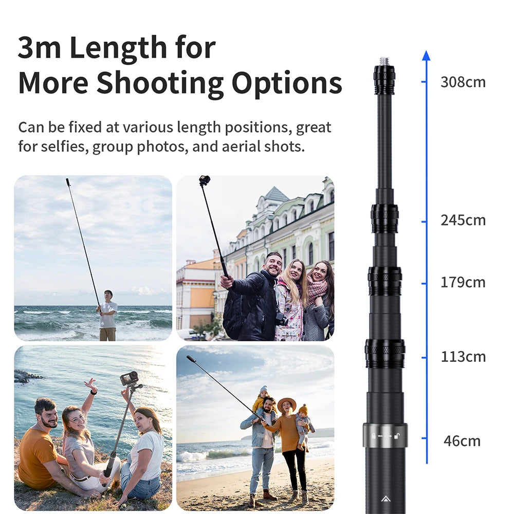 3m Carbon Fiber Invisible Extended Edition Selfie Stick For Insta360 X5\X4\X3\ONE R\ONE RS\ONE X2\ONE Camera Accessories