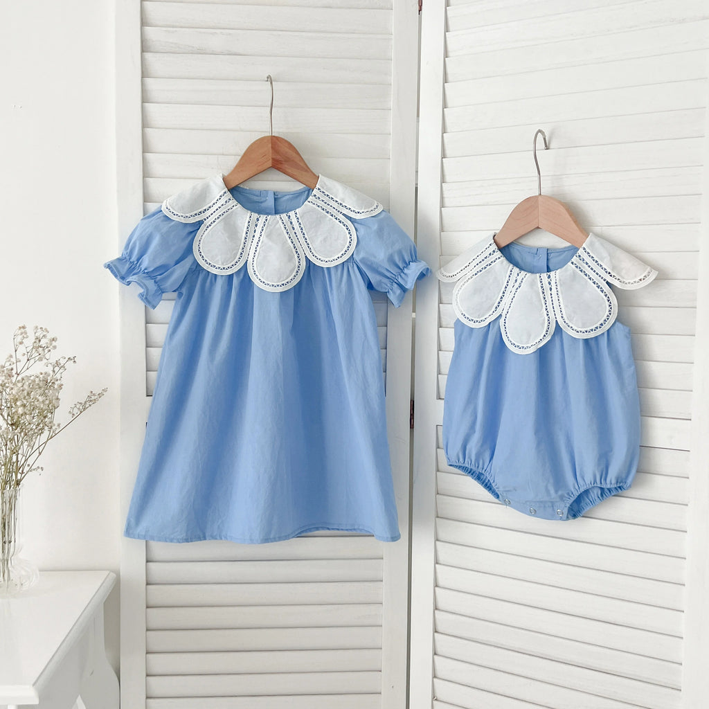 Sisters Dress Summer Kids Princess Dresses Short Sleeved Cotton Solid Color Splicing Infant Baby Romper Baby Girl Party Dress