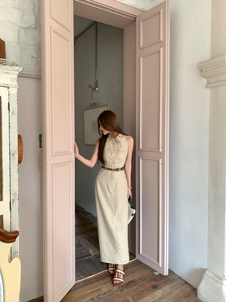 Elegant Moments Spring Summer Sleeveless Office Dress - Chic Turn-down Collar for Effortless Style at Evening Parties