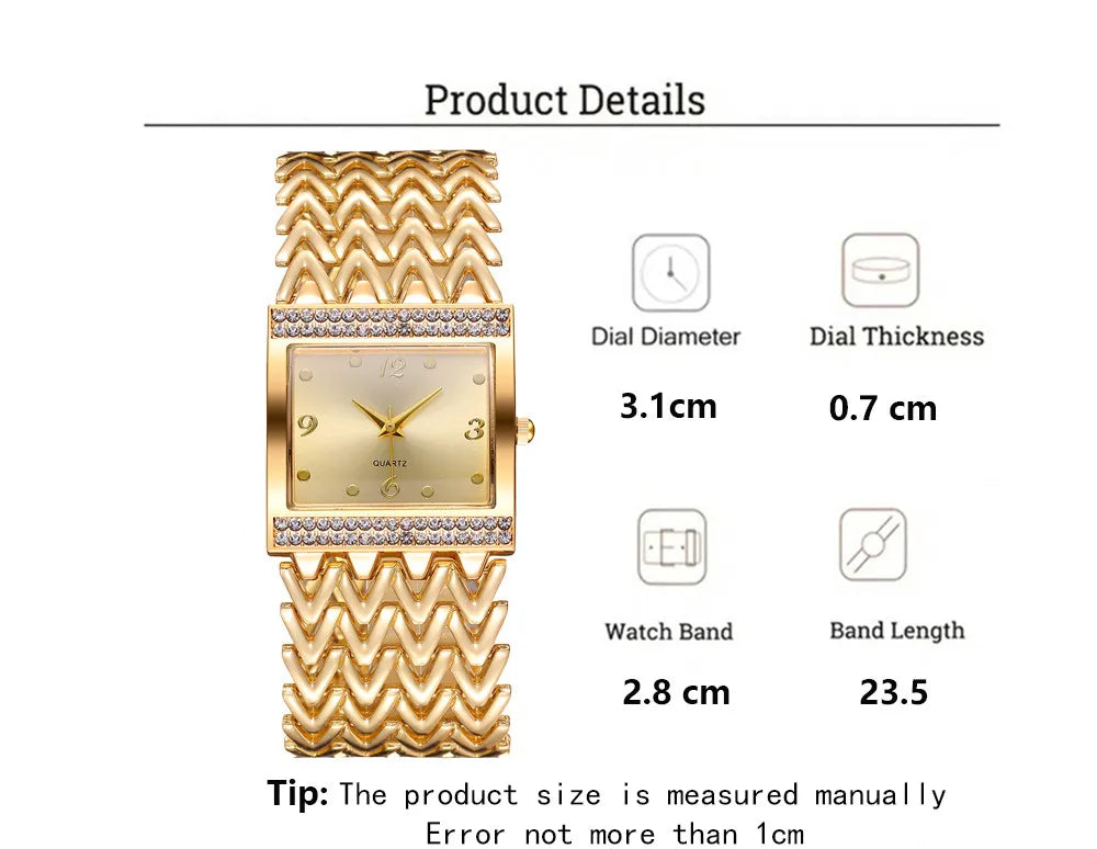 Luxury Golds Ladies Square Diamond Watch - Elegant Stainless Steel Quartz Timepiece for Fashion-Forward Women