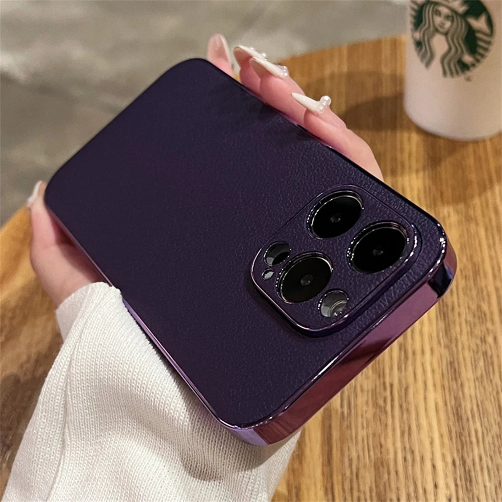 LuxeGuard Retro Lambskin Leather iPhone Case - Shockproof Bumper with Lens Protection for All Models 11-17