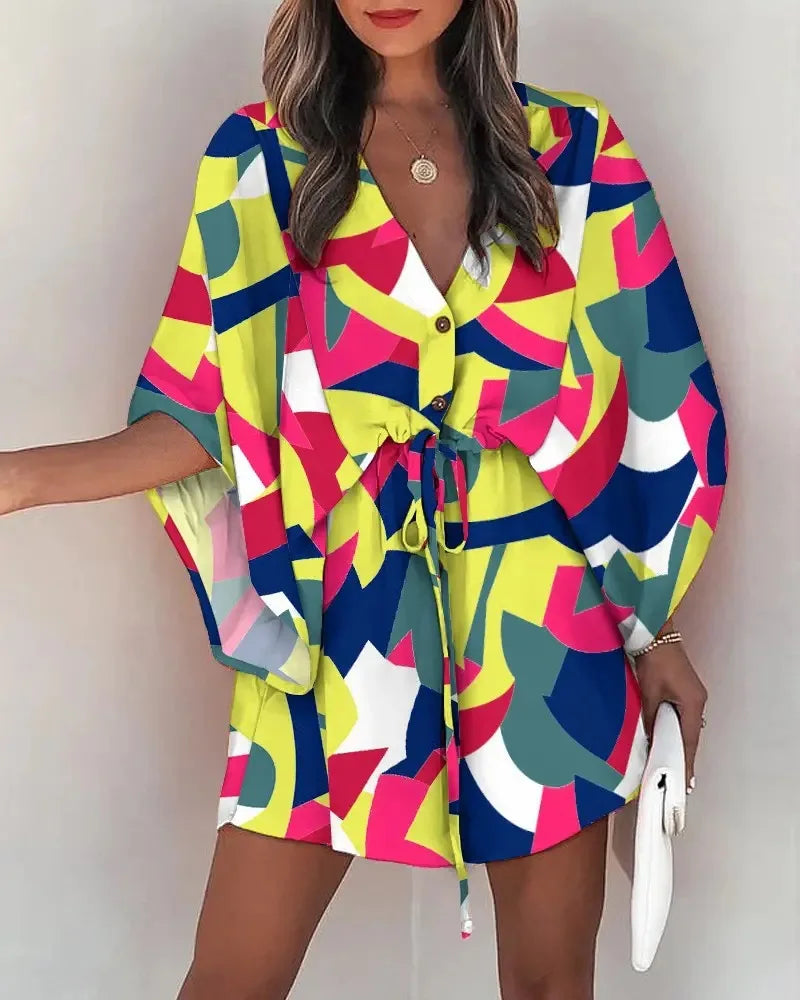 Bohemian Beach Mini Dress - Sexy V-Neck, Bat Sleeves & Floral Print for Effortless Summer Style