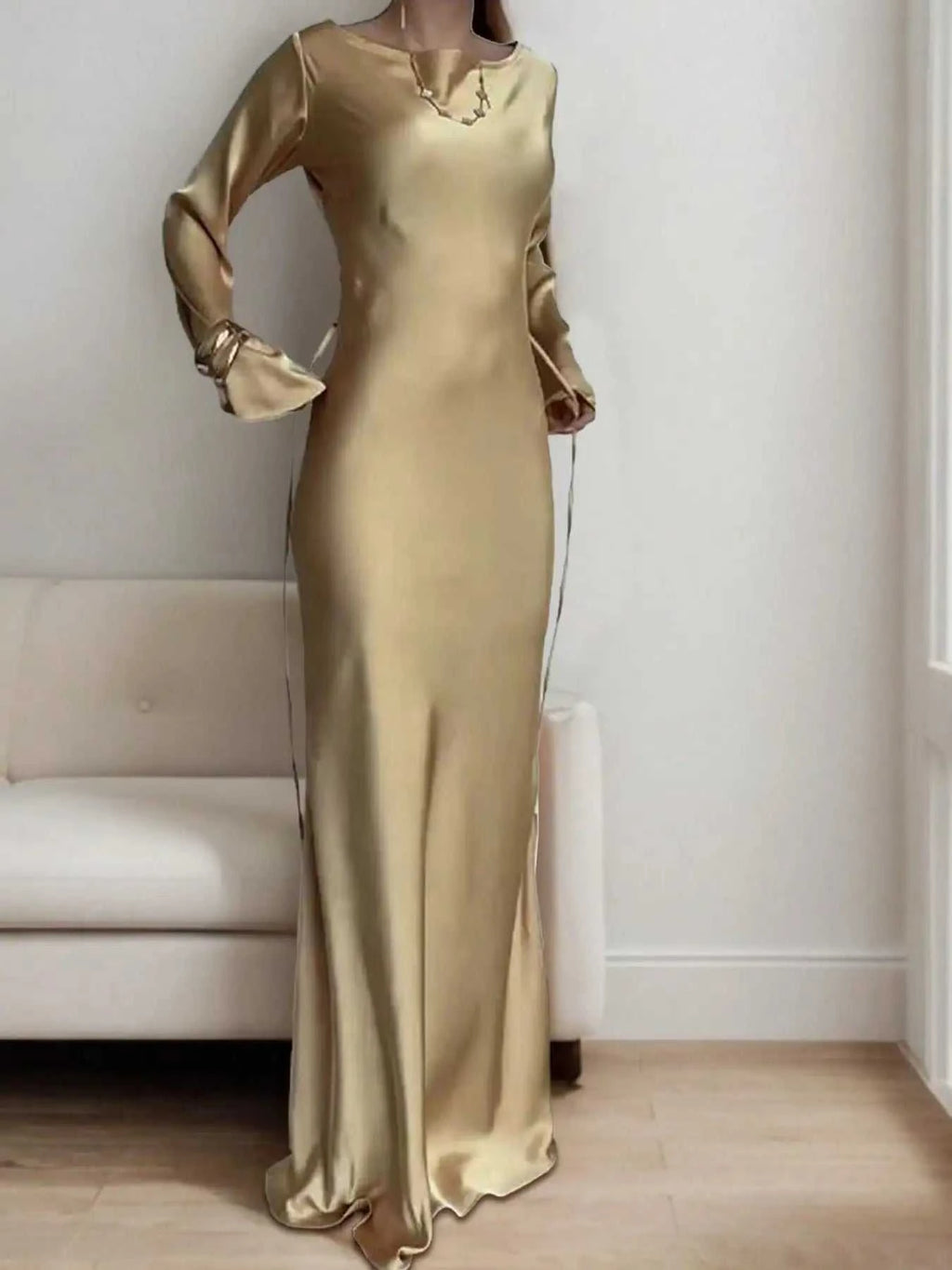 Women's Satin Maxi Dress – Corset Waist Tie, O-Neck & Flared Sleeves | Bohemian Evening Dress The jack market .AU The jack market .AU Woman Fashion Dress $ 70 14:1052;5:4182