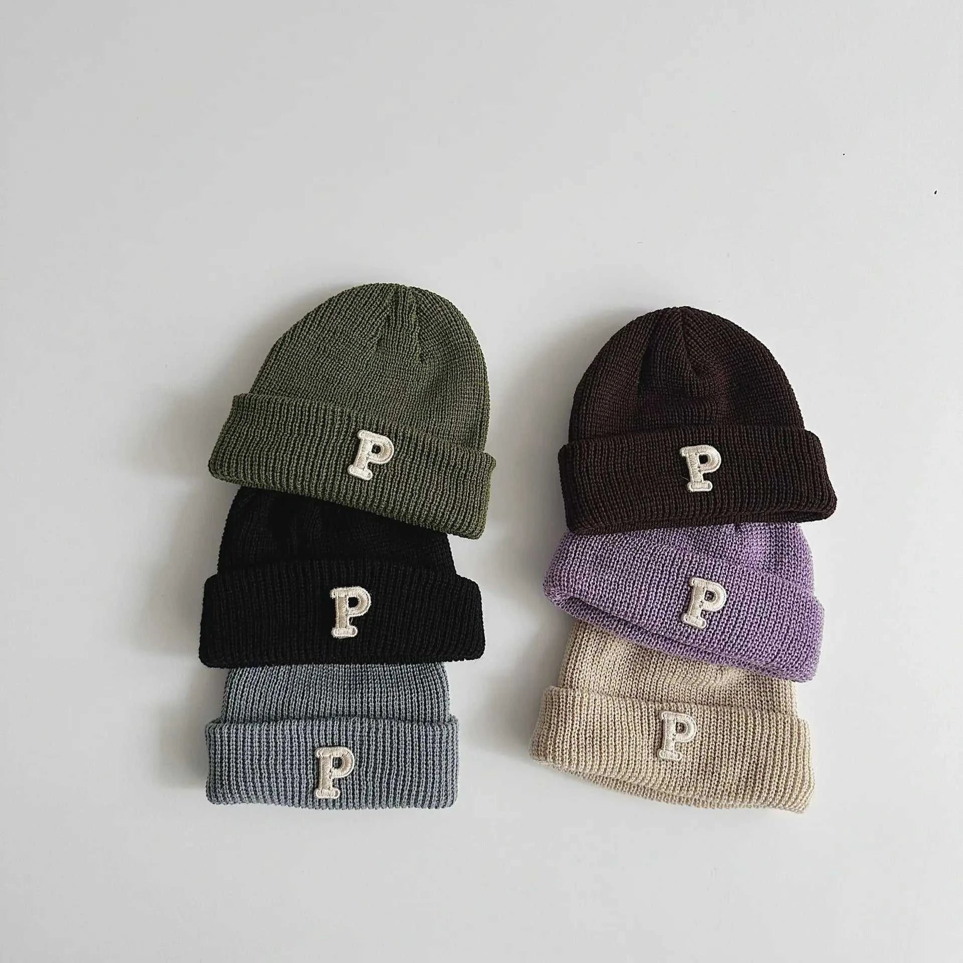 Autumn Winter Baby Knitted Hat Solid Color P Letter Infant Boy Girl Beanie Cap Casual Warm Toddler Crochet Bonnet Hat