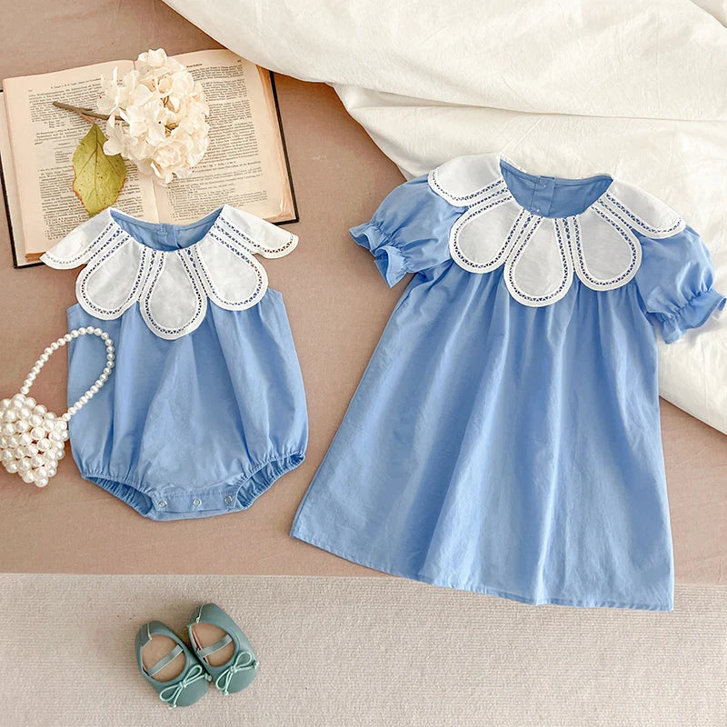 Sisters Dress Summer Kids Princess Dresses Short Sleeved Cotton Solid Color Splicing Infant Baby Romper Baby Girl Party Dress