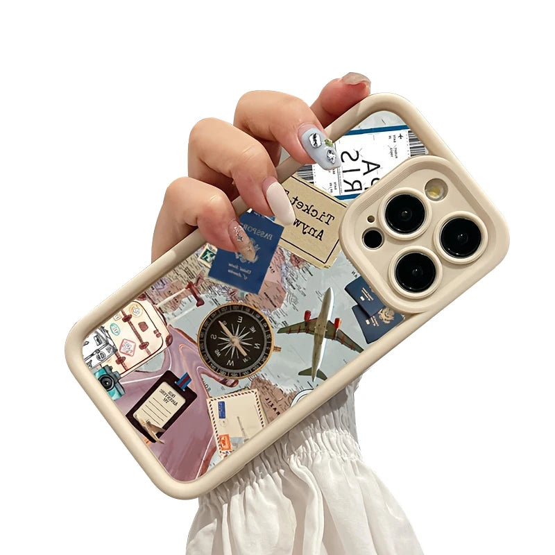 Airplane Map Plain Case for iPhone 16 E 15 14 13 12 Mini 11 Pro Max XS X 8 7 Plus SE Liquid Soft Silicone Shockproof Back Cover