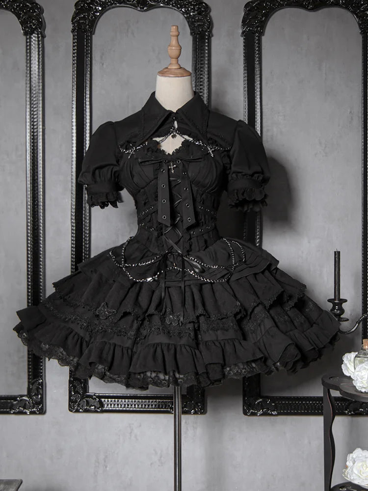 Gothic Lolita JSK Dress with Bow & Spaghetti Straps - Chic Mini Dress & Waistcoat Set for Sweet Style