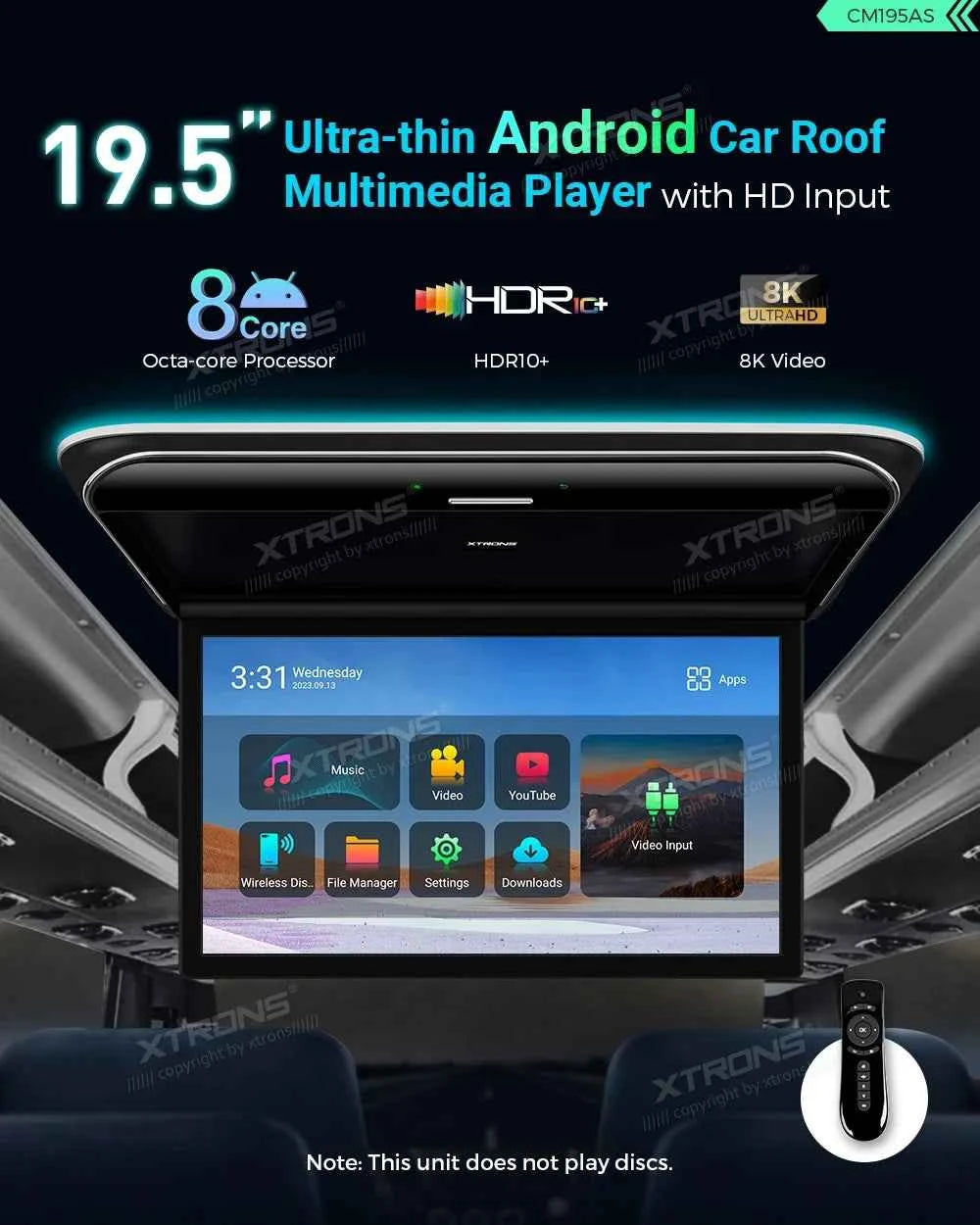 XTRONS 19.5" Android Car Roof Monitor TV Octa-core 8K IPS Car Screen Adjustable Angle to 170° with Screen Mirroring USB HDR RCA