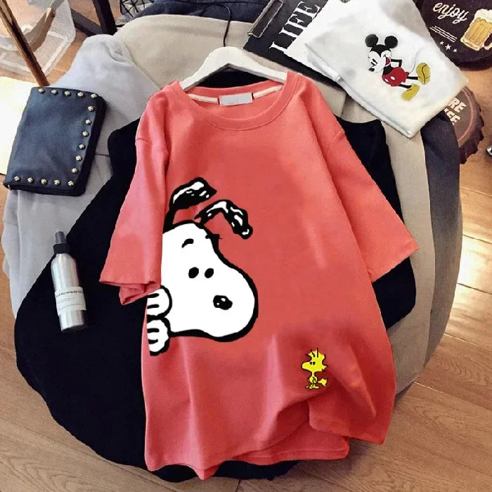 new Snoopy women's loose large version top summer short-sleeved t-shirt women's cotton mid-length cartoon women