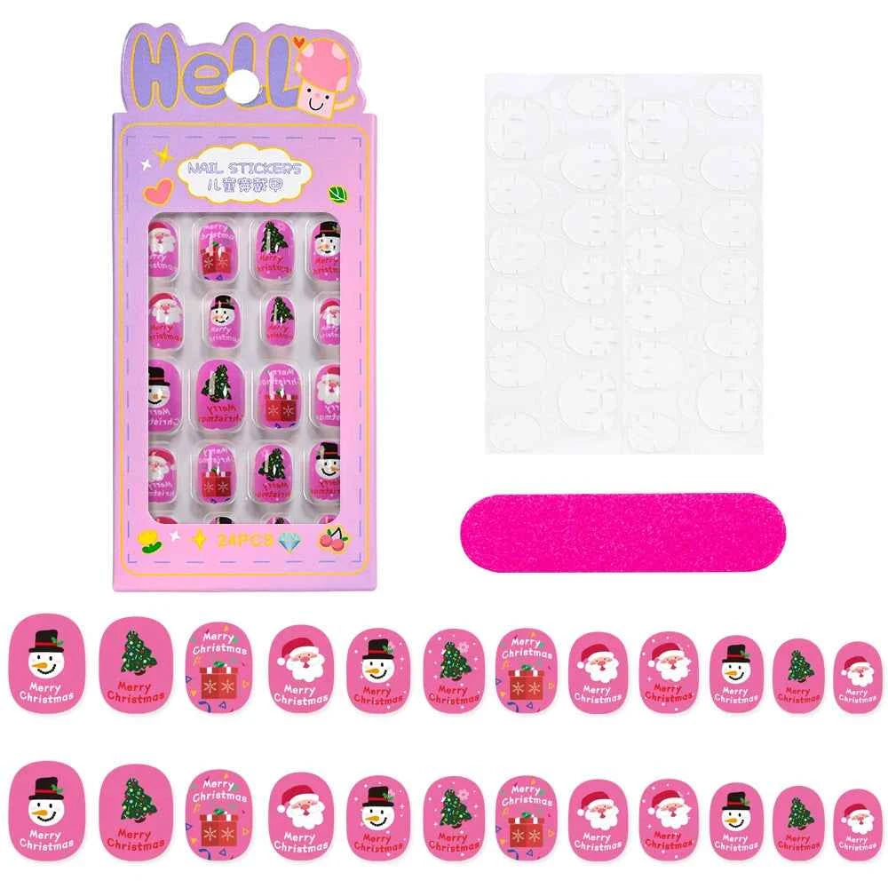 24pcs Princess Girls Christmas Press On Nails Candy Color Kawaii Christmas Tree Snowman False Nails New Year Children Fasle Nail