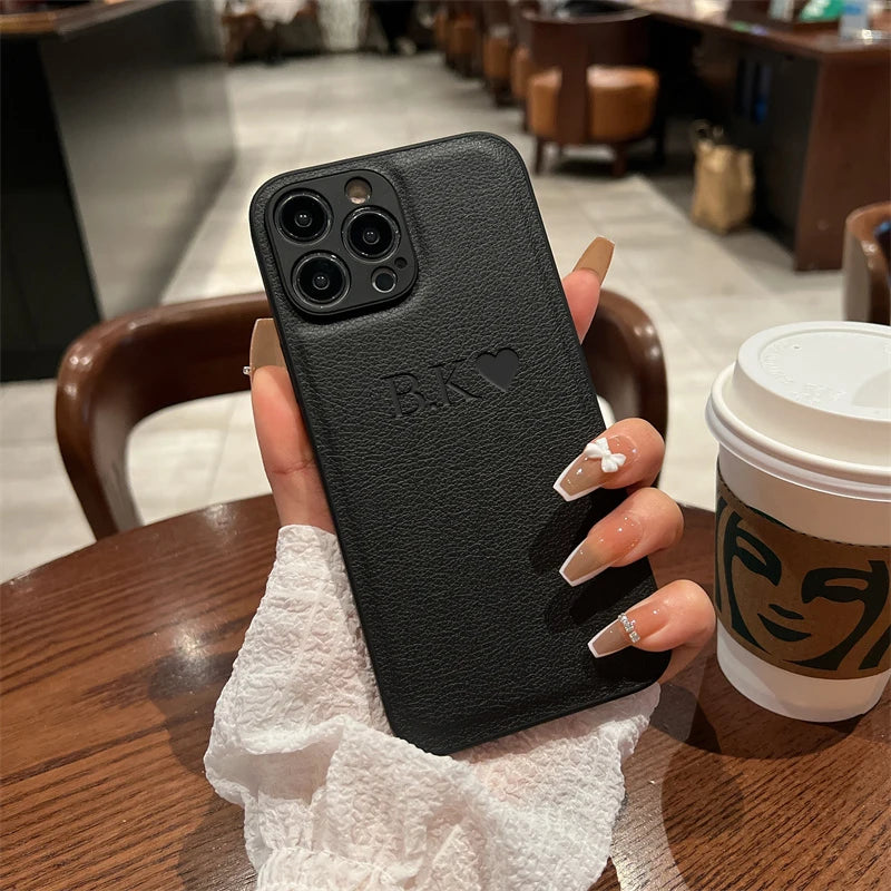 Custom Initial Name Case for iPhone 15/16 Pro Max - Personalized Soft Leather PU Cover