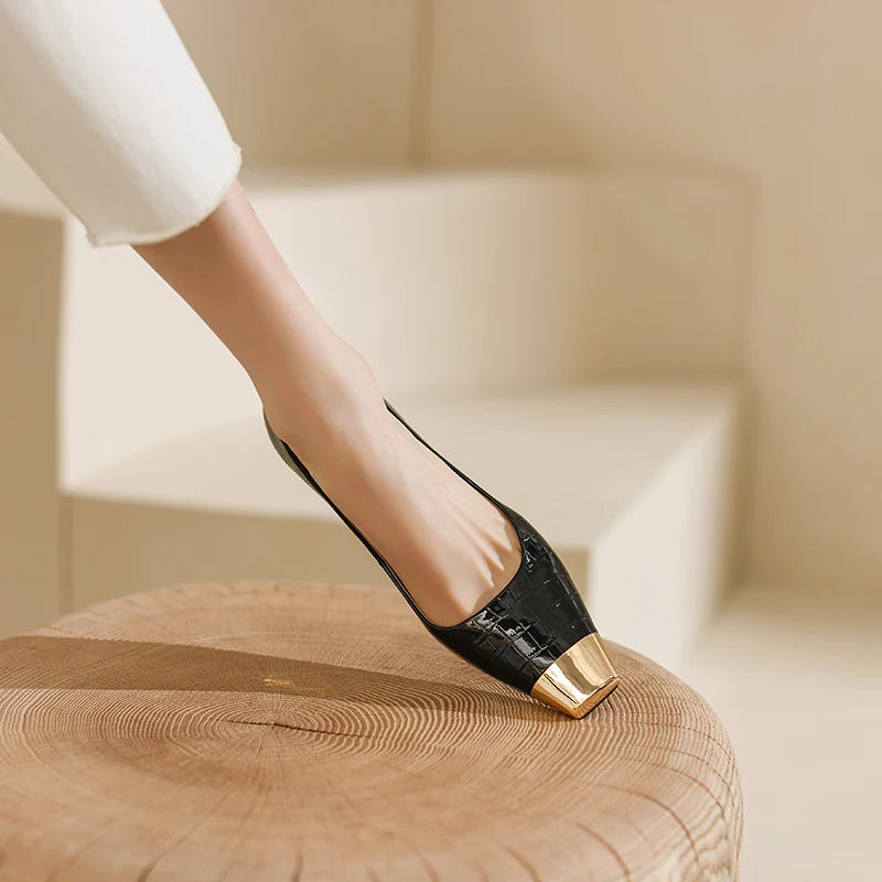 【JOCHEBED HU】Brand New Shoes Metal Square Toe Women Pumps Patchwork Genuine Leather Thin High Heels Ladies Footwear Plus 34-43