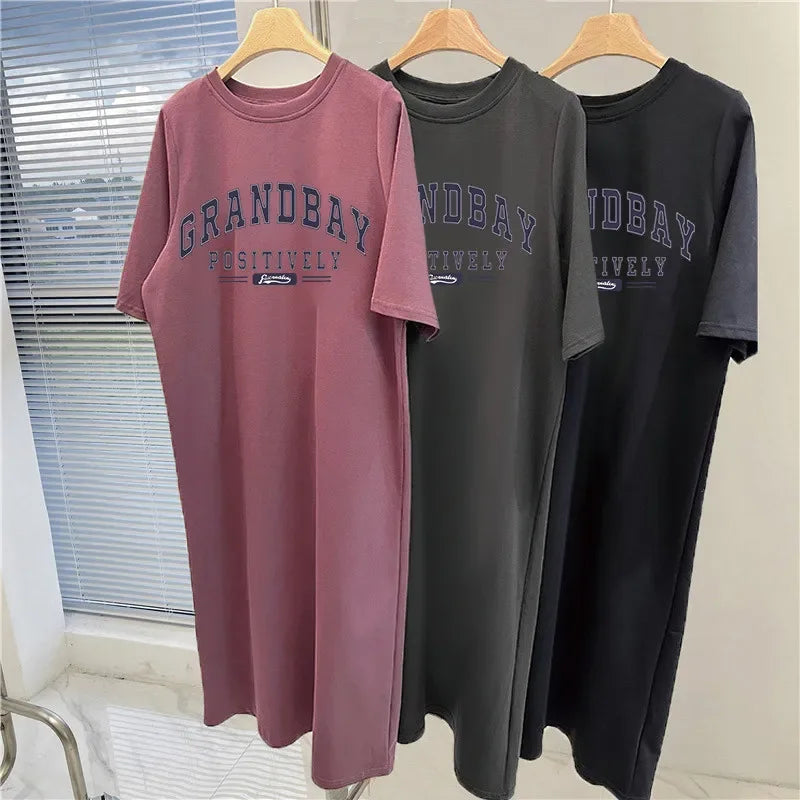 Summer Vibes Retro Letter-Print Plus-Size Loose Dress - Casual Short-Sleeved Home Wear for Confident Women