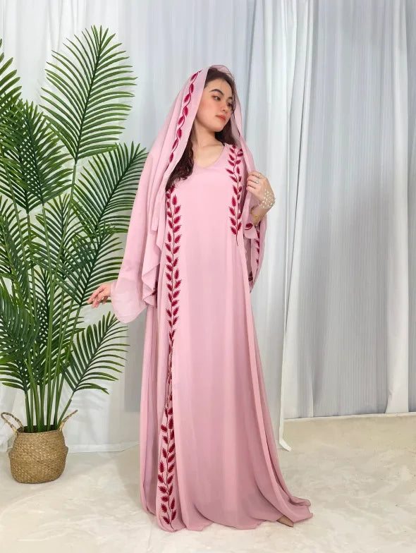 Women's Embroidery Abaya with Scarf – 2-Piece Muslim Dress Set