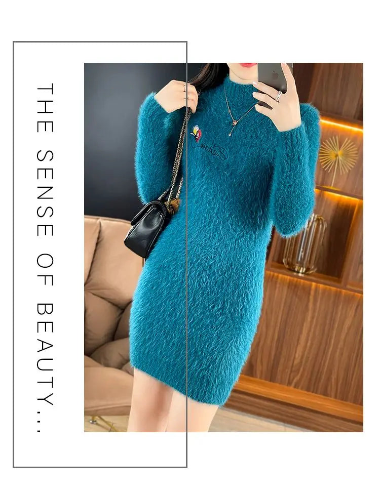 Imitation Mink Fleece Autumn Winter New Plush Slim Sweater Dress Solid Half High Neck Mid Length Embroidered Knit Bottom Dresses