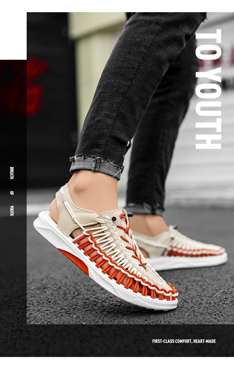 2023 Summer Men's  Sandals Lace Up Hand Woven Sandals Thick Soled Soft Non Slip Casual Shoes High Quality Couple Beach Shoes