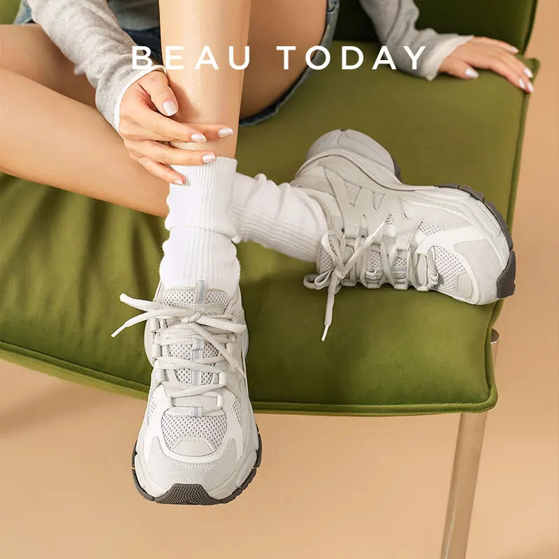 BEAUTODAY Platform Sneakers Women Mesh Solid Color Breathable Trainers Lace-up Round Toe Thick Sole Ladies Shoes Handmade 29462