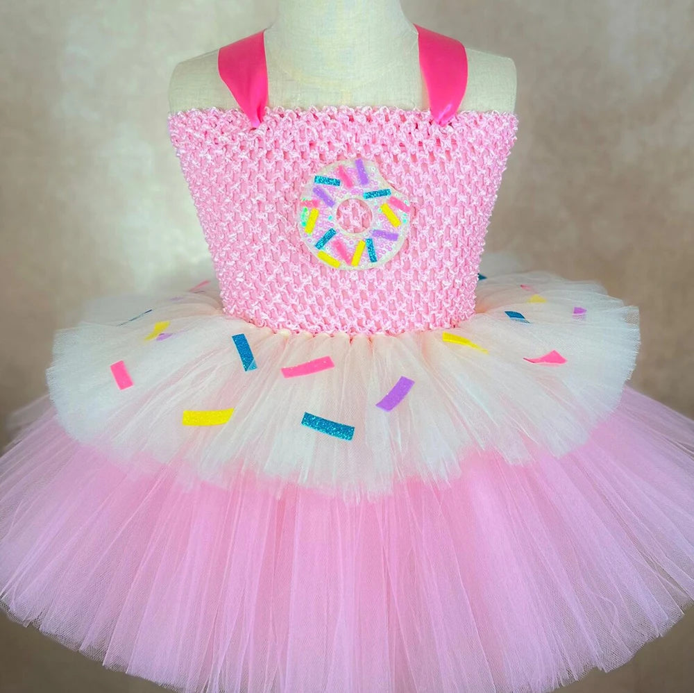 Girls Candy Donuts Tutu Dress with Headband Baby Kids Birthday Party Happy Purim Fancy Costumes Photoshoot Tulle Dresses