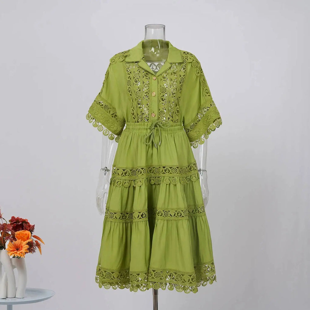 Quality Loose Hollow Out Dress Two Piece Set Women's Shirt Short Skirt Set Embroidered Lace Crop Tops Pleated Skirts Suits 2pcs
