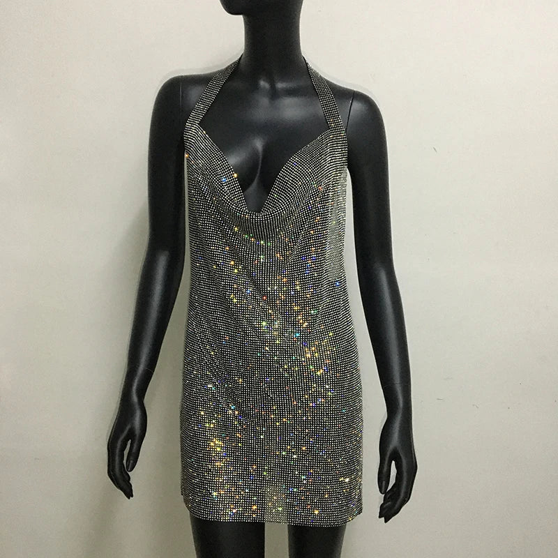 Bling Backless Rhinestone Dress - Sexy Deep V Neck, Sleeveless, Side Split Halter for Nightclub & Party