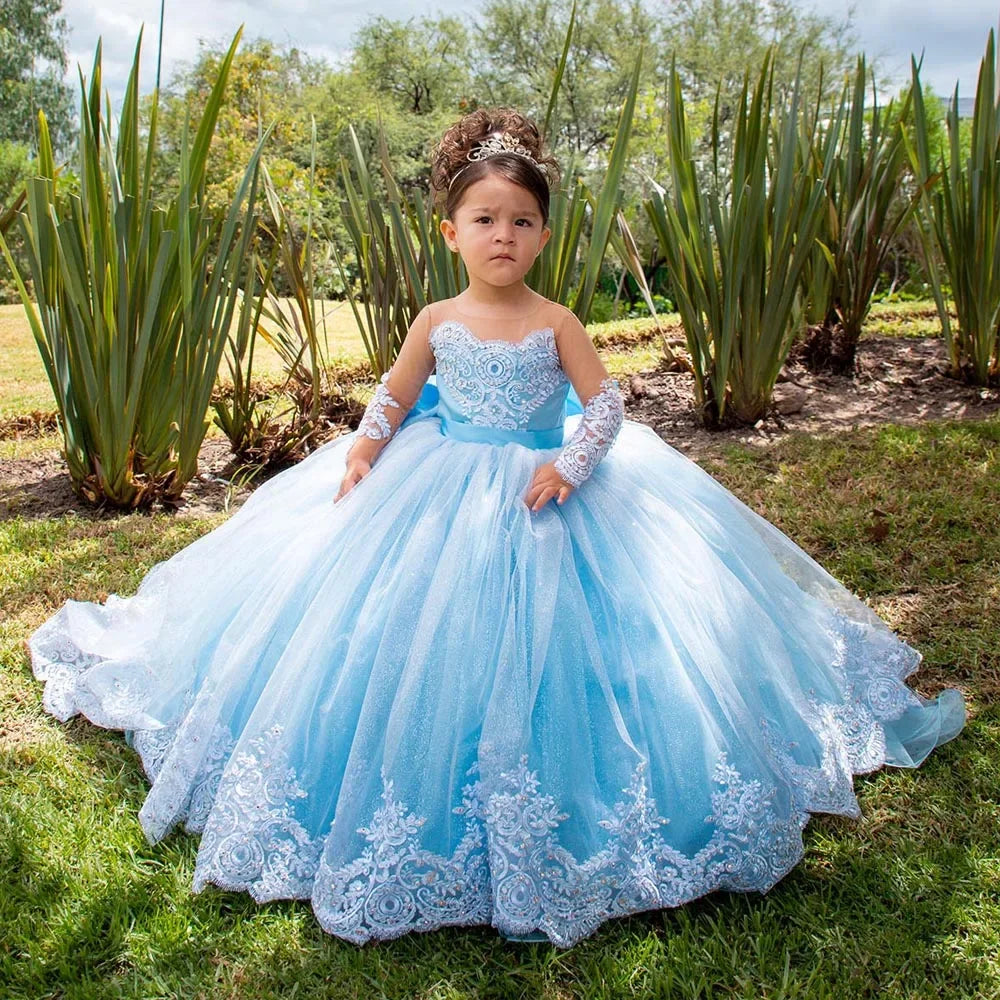 Elegant White Lace Wedding Party Dresses for Girls Full Sleeves Princess Flower Girl Dress With Bow Custom Kids Birthday Gowns