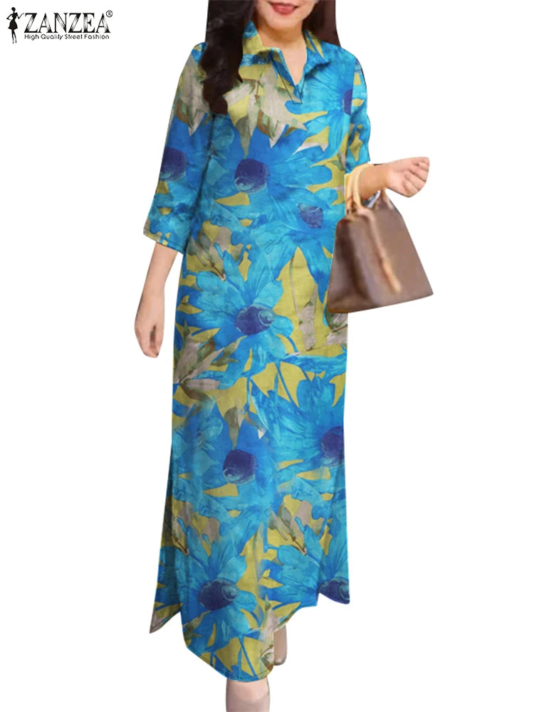 ZANZEA Floral Print Maxi Dress with Slit Hem & 3/4 Sleeves - Effortless Chic for 2024 Commute