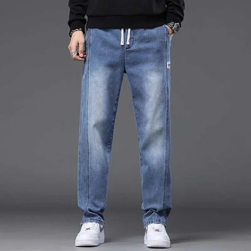 Autumn Winter Blue Jeans Men Drawstring Elastic Waist Cotton Cargo Denim Pants Work Fashion Thick Trousers Male Plus Size M-4XL The jack market .AU The jack market .AU Men Fashion $ 48 14:193#Black;5:361386#M(27-28)
