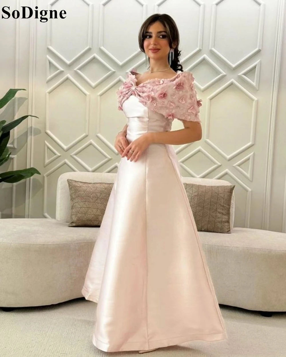 SoDigne Elegant Pink Satin Evening Dresses Off Shoulder Floral Appliques Pleated Party Dress 2024 Formal Occasion Prom Gowns