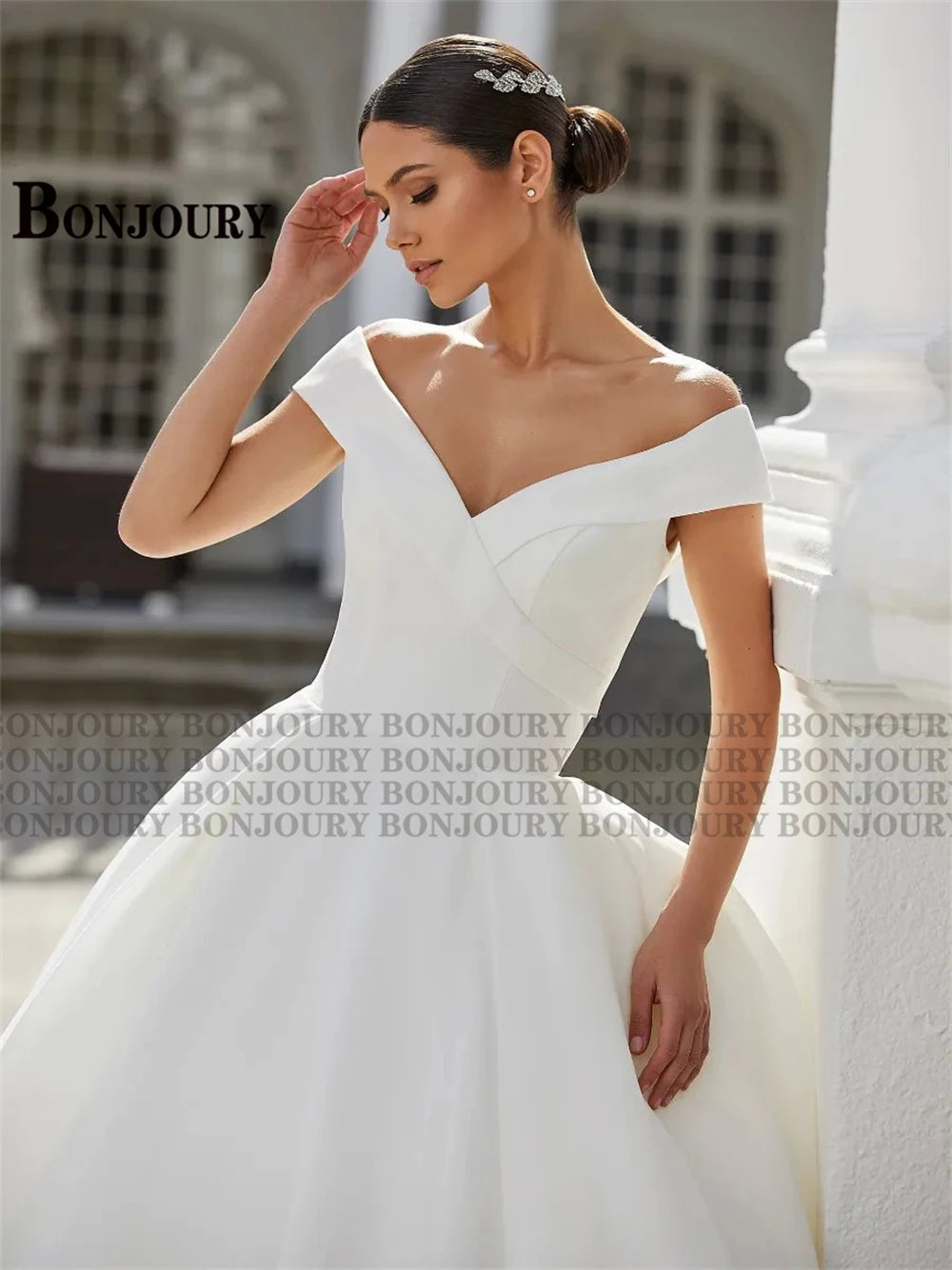 BONJOURY V-neck Satin Wedding Dress with Pockets & Chapel Train for Confident Brides