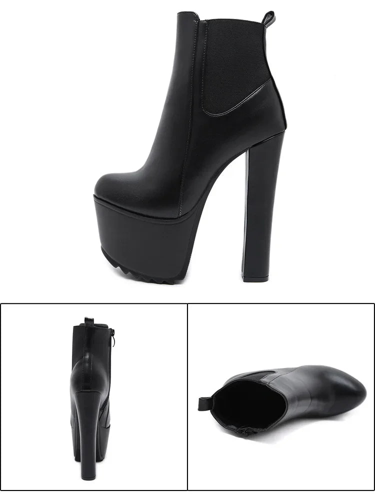 16CM Thick High Heel Shoes Womens Platform Elastic Band Side Zipper Chelsea Boots Black  Ankle Boot Zapatos Para Mujeres