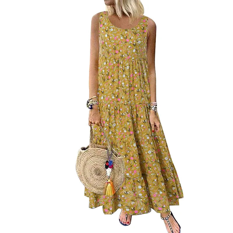 Women's Floral Boho Midi Dress – Loose Sleeveless Summer Dress