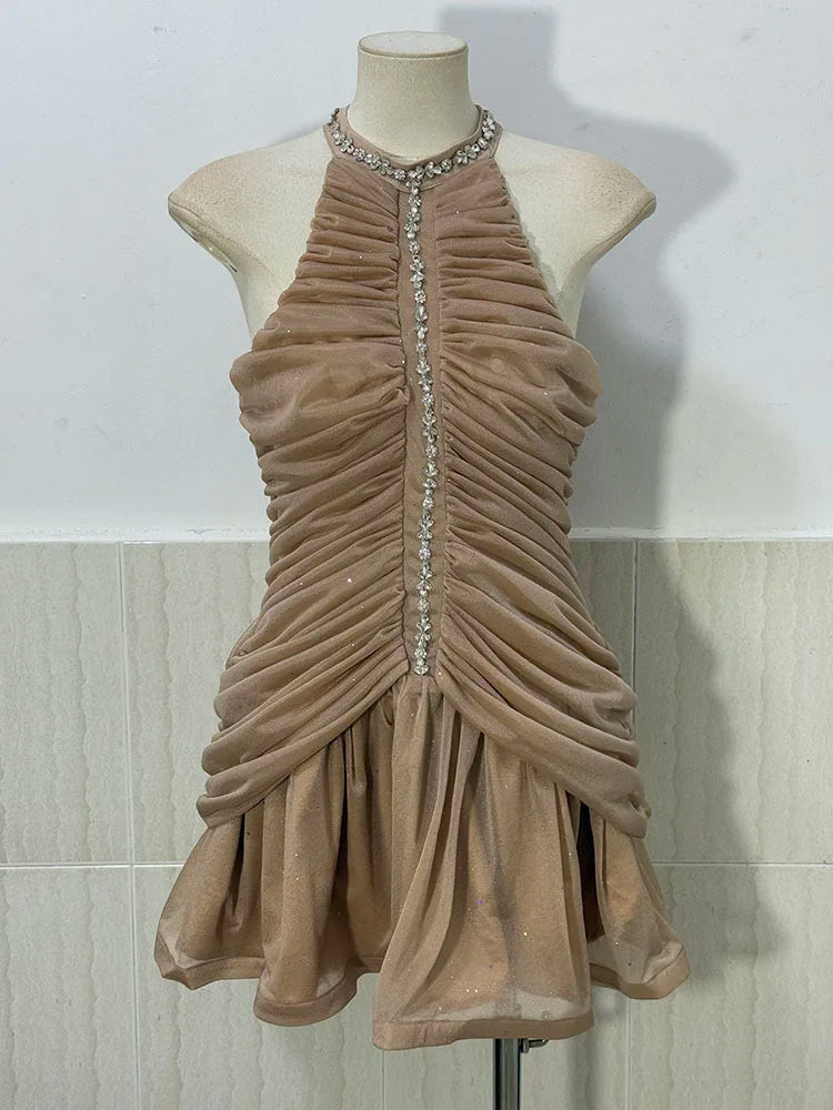 DEAT Women's Slim Dress with Diamond Folds & Zipper - Sleeveless Round Collar Summer Style