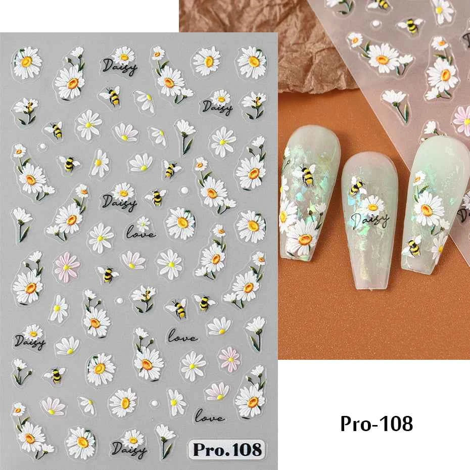 Daisy Dreams Nail Stickers - 5D White Flower & Bee Design, Self-Adhesive Acrylic Decals for DIY Manicure Magic