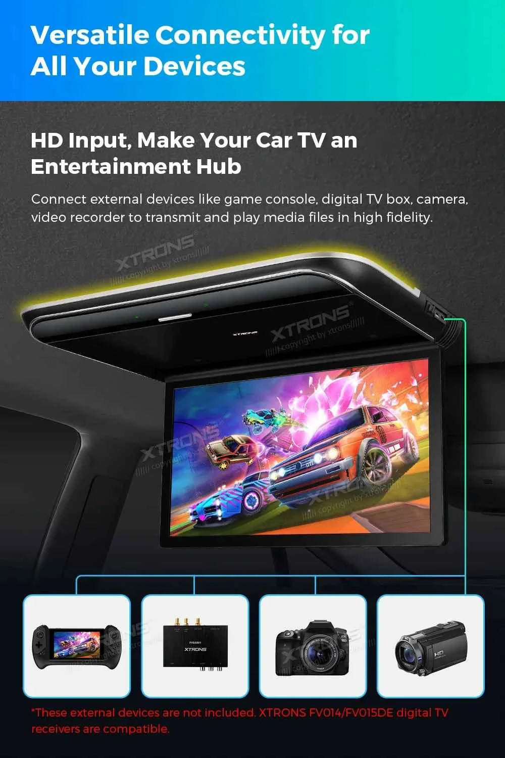 XTRONS 19.5" Android Car Roof Monitor TV Octa-core 8K IPS Car Screen Adjustable Angle to 170° with Screen Mirroring USB HDR RCA