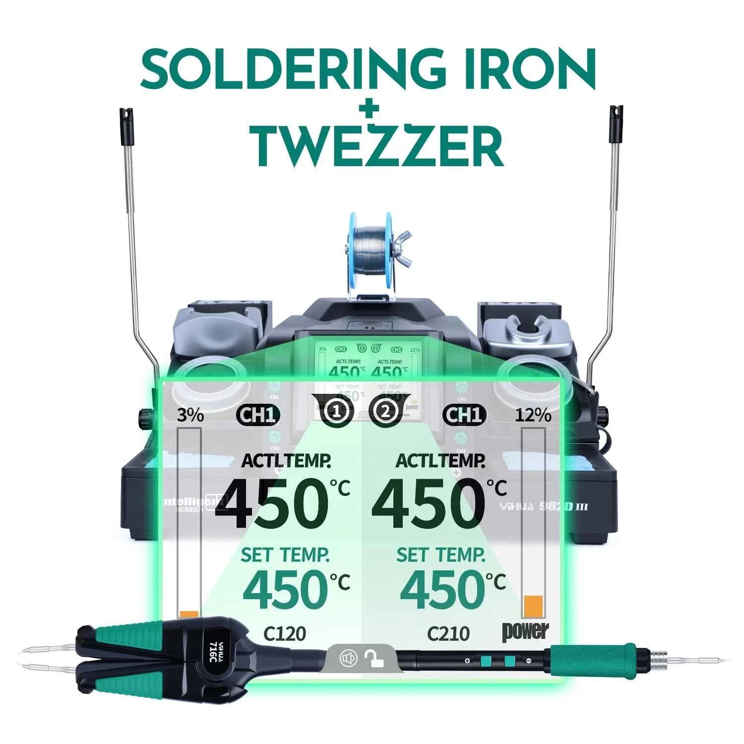 YIHUA 982D-III Precision Tweezers Soldering Iron C210 Station for SMT SMD Micro Component Rework Station with Auto Calibration