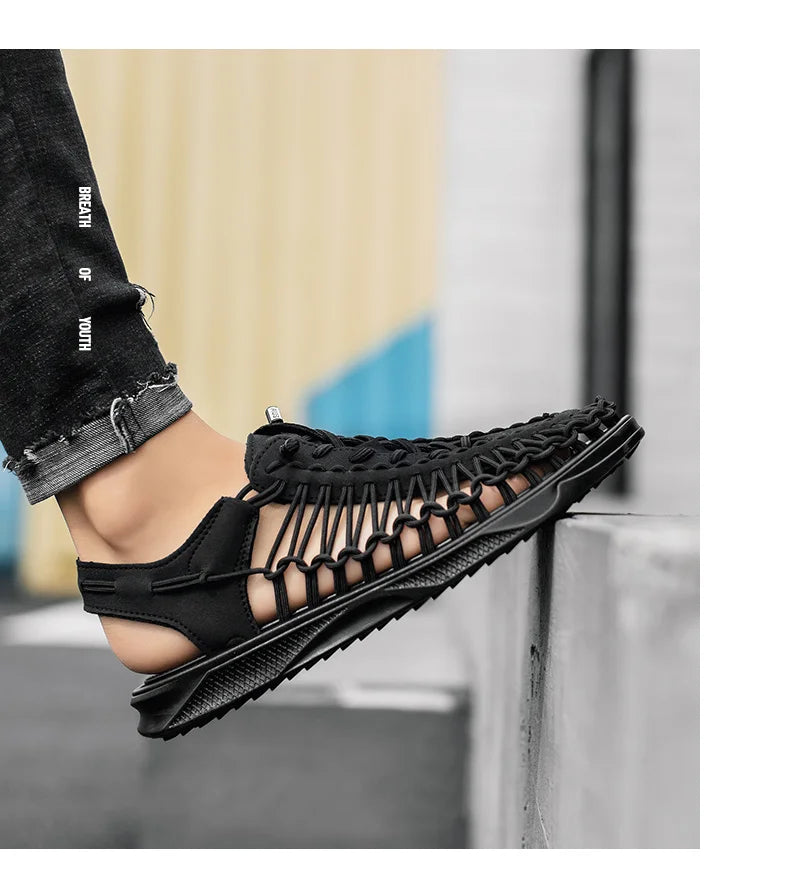 2023 Summer Men's  Sandals Lace Up Hand Woven Sandals Thick Soled Soft Non Slip Casual Shoes High Quality Couple Beach Shoes