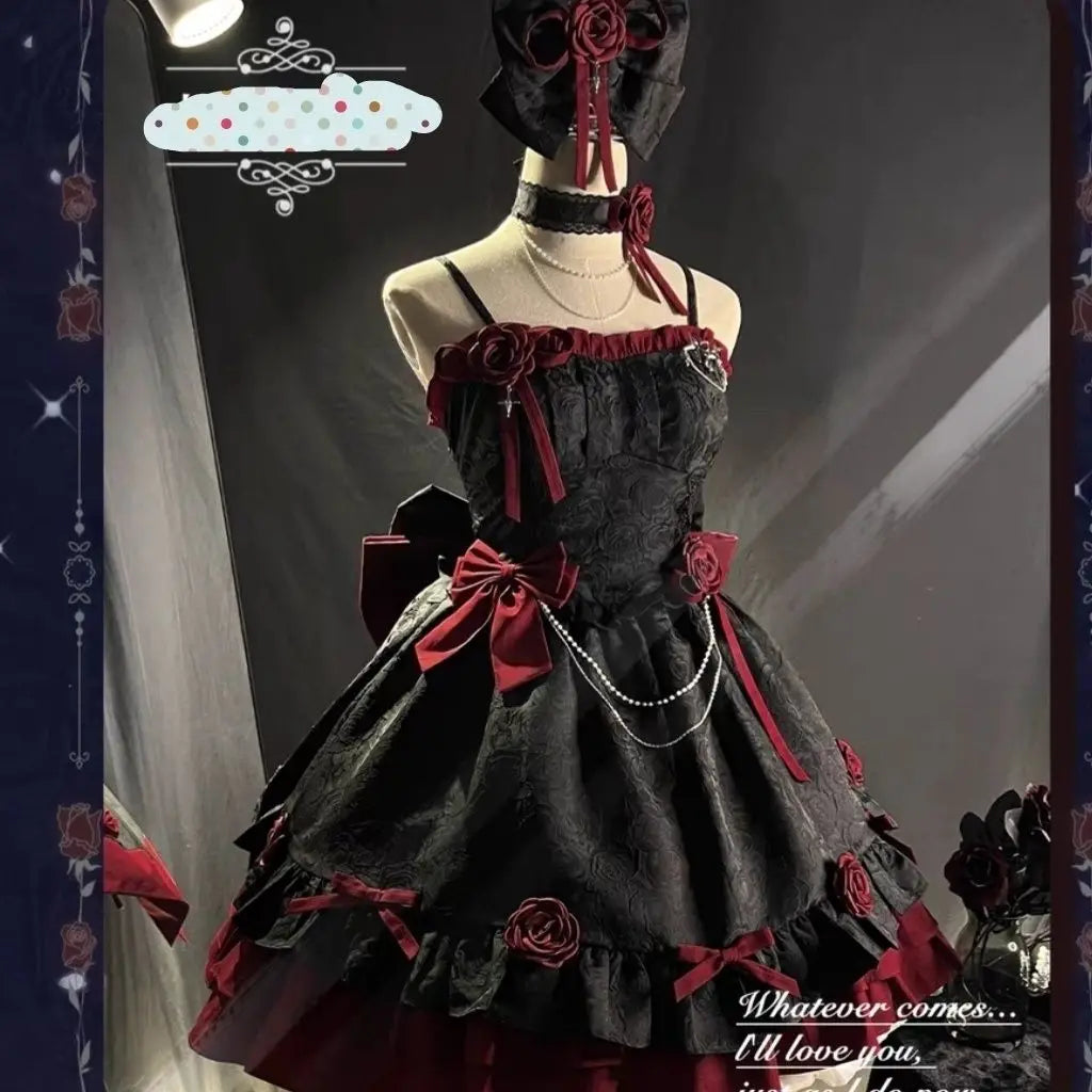 Gothic Lolita Summer Dress - High Waist Bow, Sweet Y2K Style Sling Robe for Women
