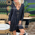 Trendy Solid Color Sequin Dresses Women V-neck Long Sleeve Loose Irregular Mini Dress Lady Commuting Vestidos Spring Autumn New