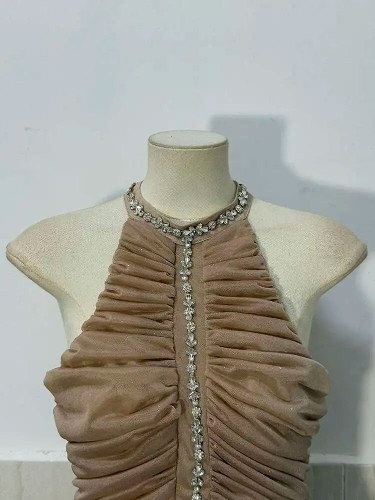 DEAT Women's Slim Dress with Diamond Folds & Zipper - Sleeveless Round Collar Summer Style