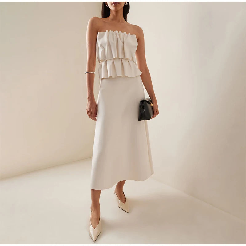 Elegant Pleated Sleeveless Long Dress Women White Slim Tube Party Dresses Female 2026 Spring New Fashion Street Maxi Robes