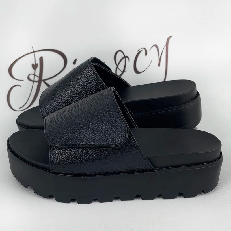 Rimocy Black PU Leather Platform Slippers Women Plus Size 43 Thick Soled Sandals Woman 2025 Summer Non-slip Slides Shoes Female
