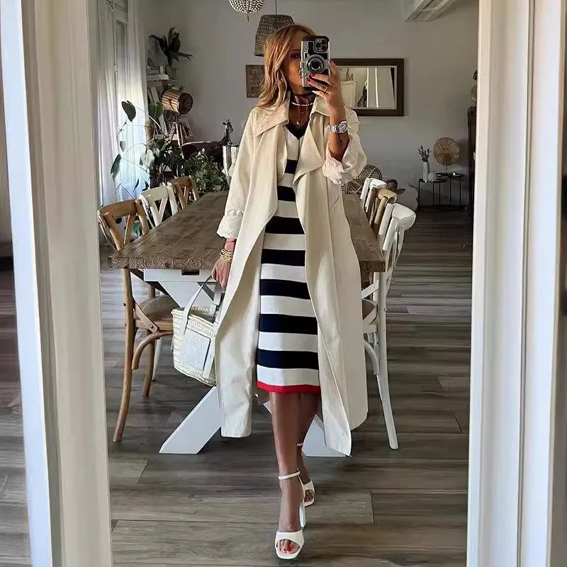 Black & White Striped V-Neck Pullover Dress with Slit - Casual & Loose Fit for Summer 2026