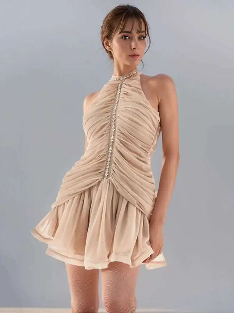DEAT Women's Slim Dress with Diamond Folds & Zipper - Sleeveless Round Collar Summer Style
