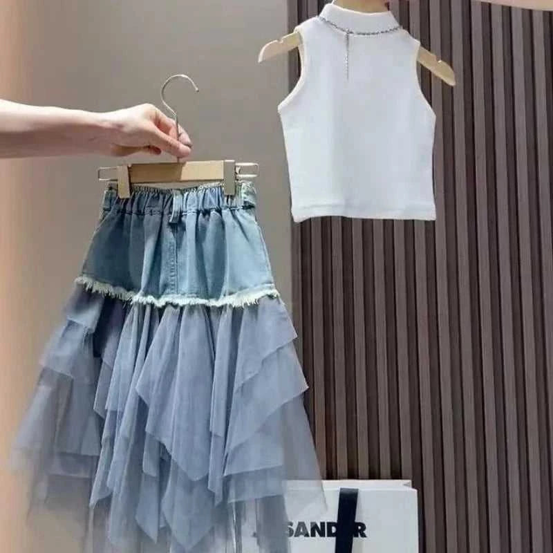 Girls' Summer New Set 2026 Korean Version Baby Girl Tank Top Mesh Splicing Cowboy Skirt Set Kids Summer Set The jack market .AU The jack market .AU Mum & Kids: Essential Products for Every Family $ 62 14:29#WHITE;200000463:200004189#110CM 4Years;200007763:201336100